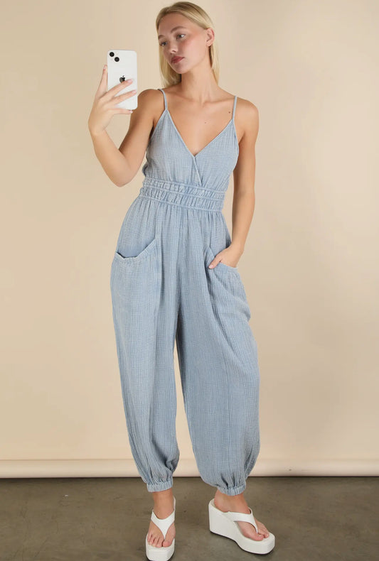Mineral Washed Cotton Gauze Casul Jumpsuit | Denim