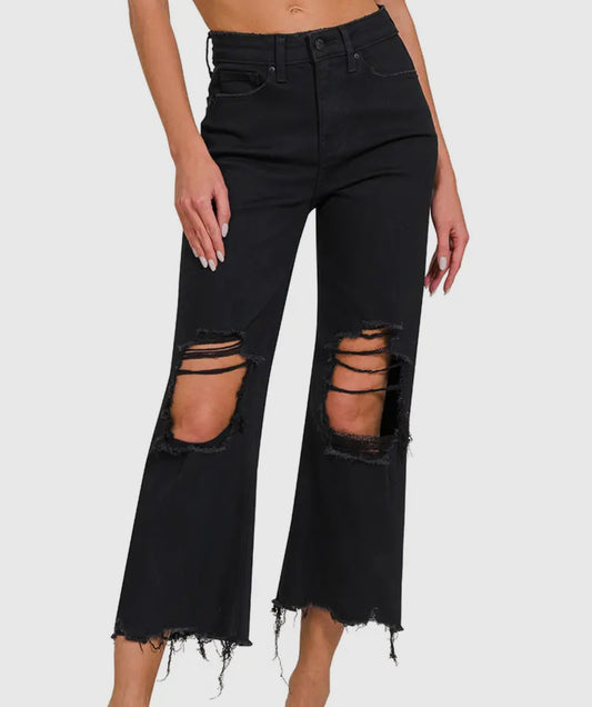 Distressed Knee Flare High Wasted Jeans