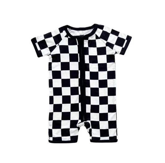 Bamboo Shorty Romper | Black Checkered