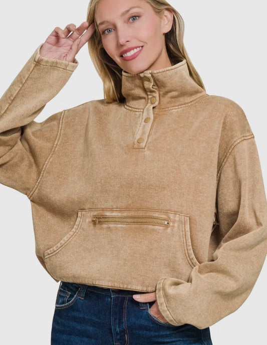 Acid Wash Fleece Half Snap Pullover w/ Kangaroo Pocket