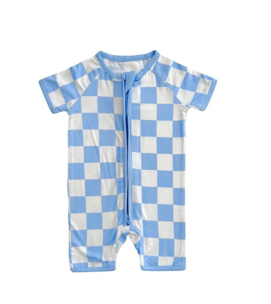 Baby Shorty Romper | Blue Checkered