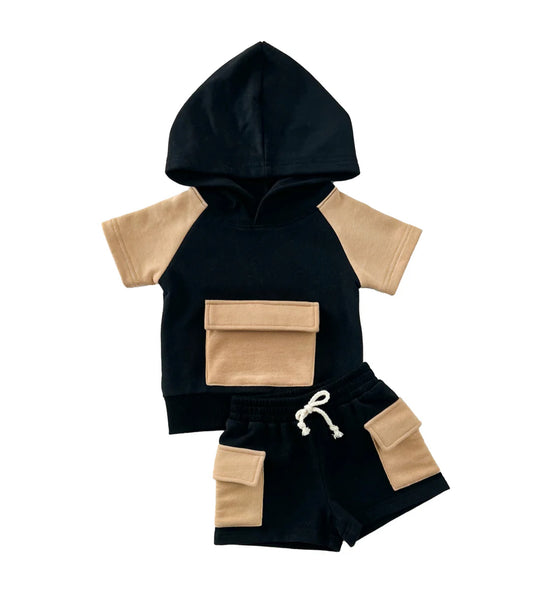 Terry Cargo Shorts Set | Black & Tan