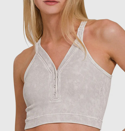 Washed Seamless Ribbed Snap Button Crop Tank